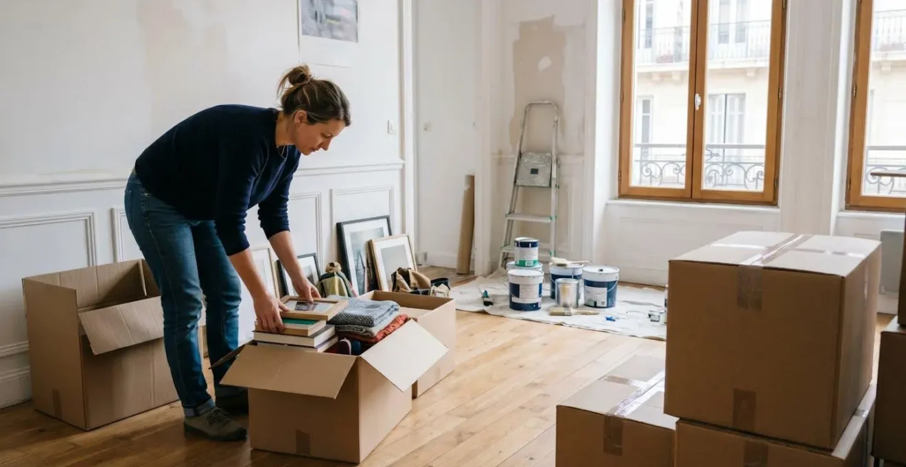 Femme d'une quarantaine d'années préparant des cartons dans un appartement marseillais en cours de rénovation avec bâches et matériel de peinture