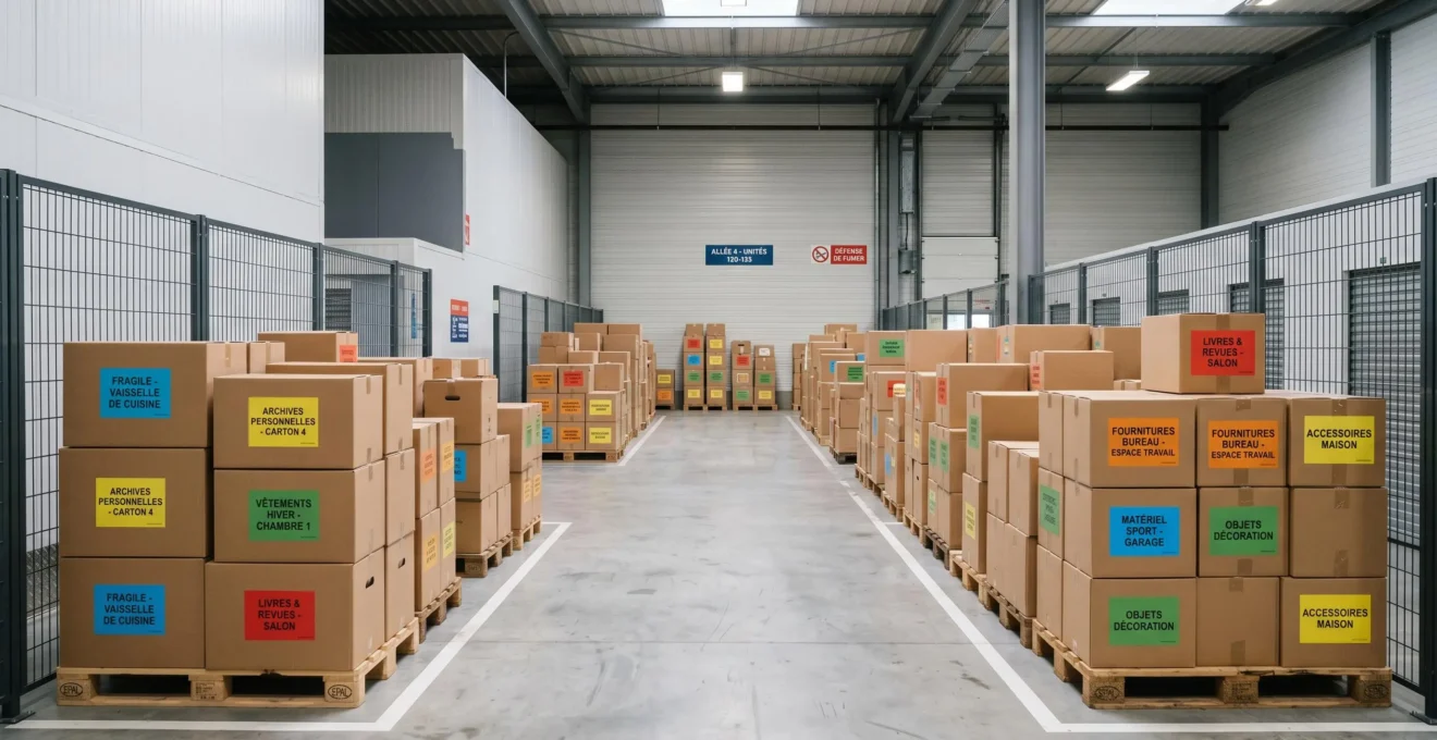 Intérieur d'un box de self-stockage moderne montrant des cartons étiquetés empilés sur palettes en bois avec allée de circulation dégagée