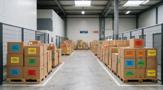Intérieur d'un box de self-stockage moderne montrant des cartons étiquetés empilés sur palettes en bois avec allée de circulation dégagée